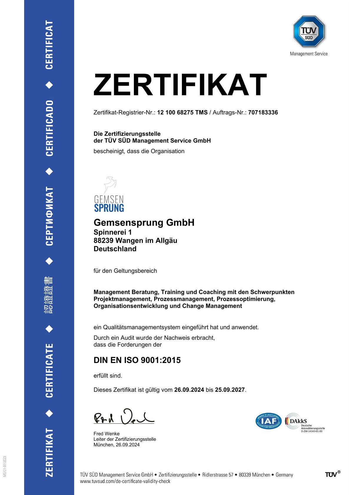 ISO 9001 Zertifikat, Qualitätsmanagementsystem