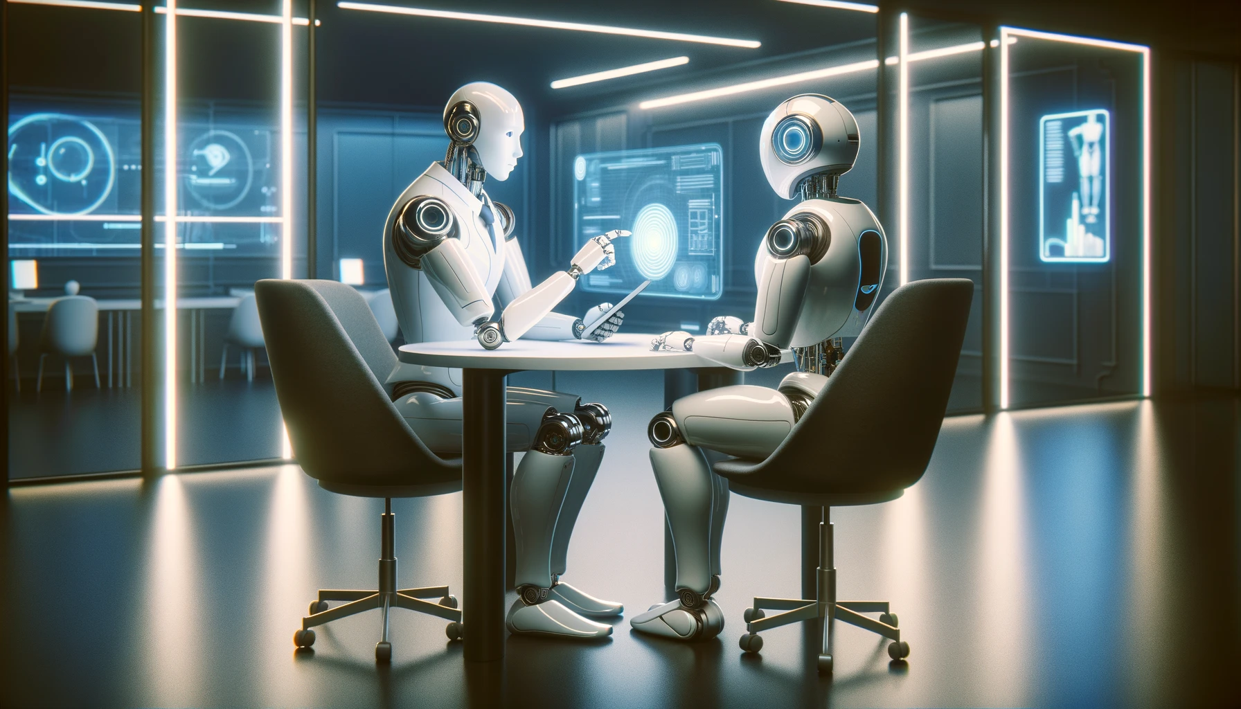 KI Grundlagen, zwei Roboter sitzen an einem Tisch und besprechen ein Hologramm